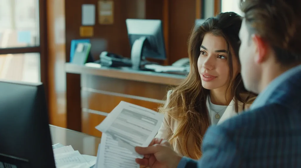 ragazza alla scrivania di un impiegato di banca che chiede come ottenere un prestito