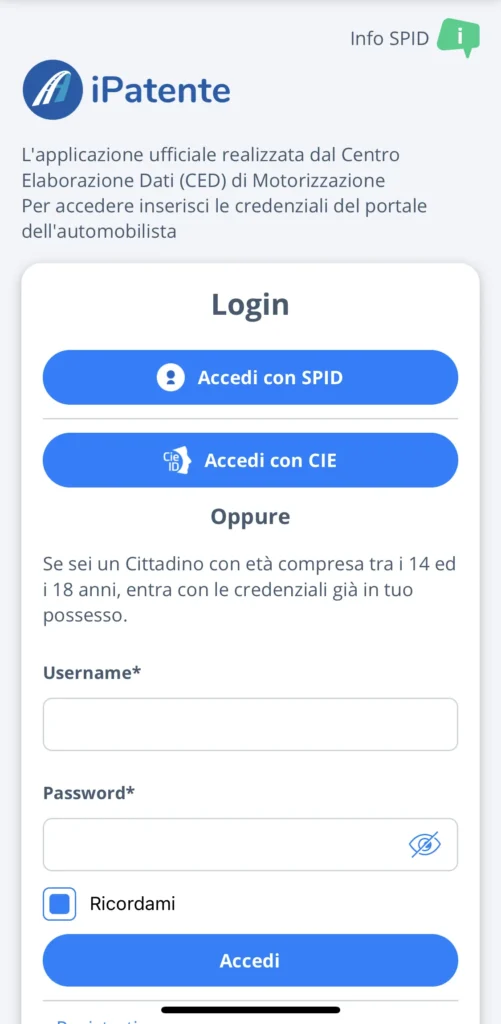 schermata della pagina di accesso all'app iPatente