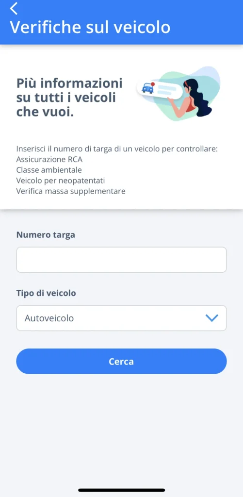 sezione verifiche sul veicolo dell'app iPatente