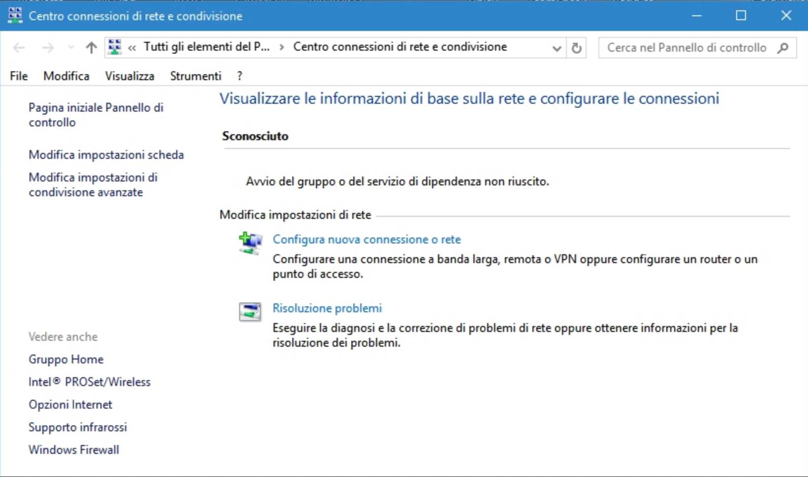 screenshot del centro connessioni di rete e condivisione di windows