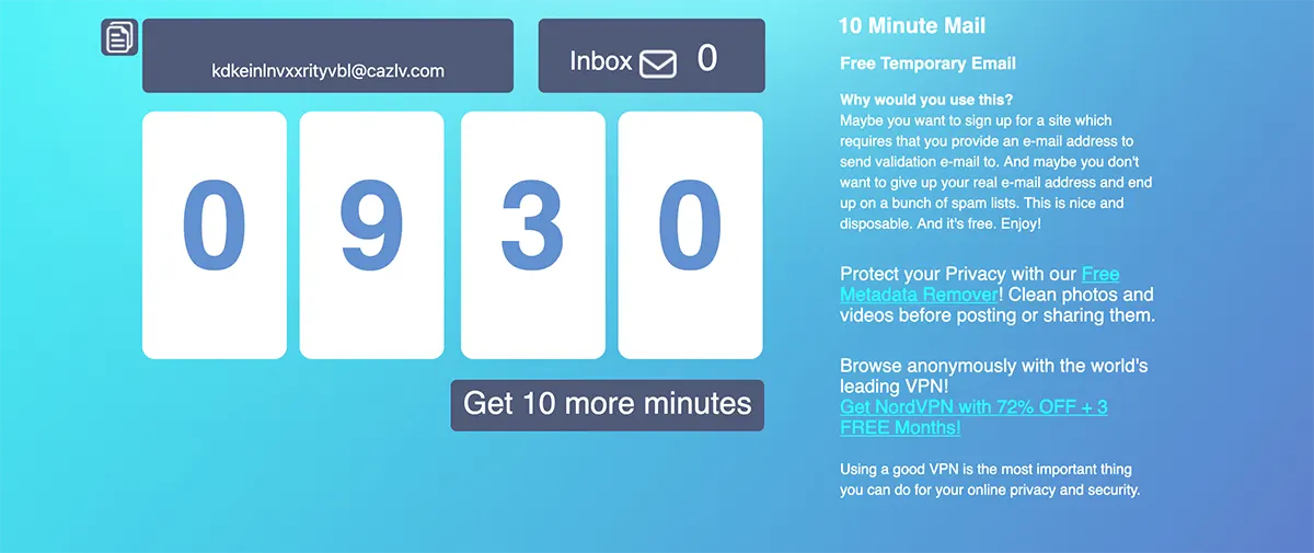 10minute mail homepage screenshot