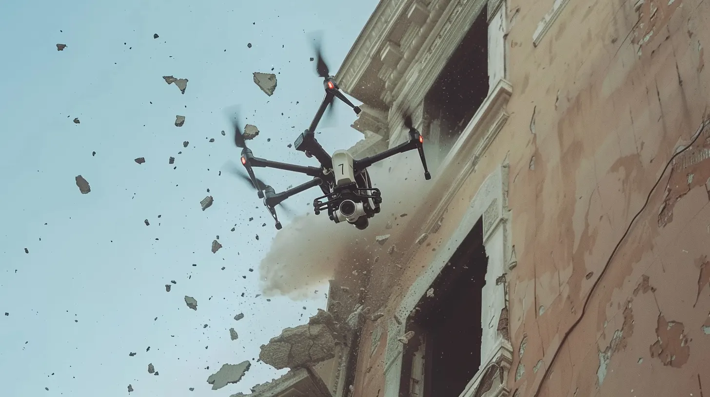 drone che impatta su un palazzo provocando danni all'edificio