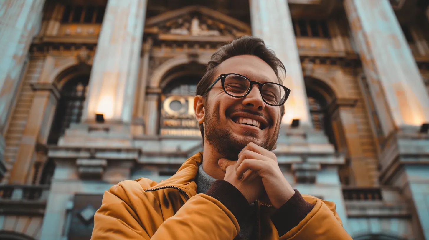 uomo di fronte ad una banca soddisfatto per aver trovato il modo di non pagare l'imposta di bollo sul conto corrente