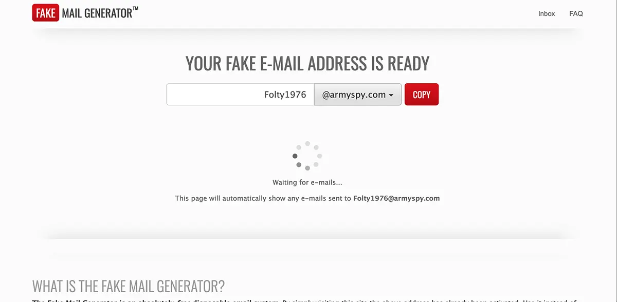 Fake Mail Generator homepage screenshot