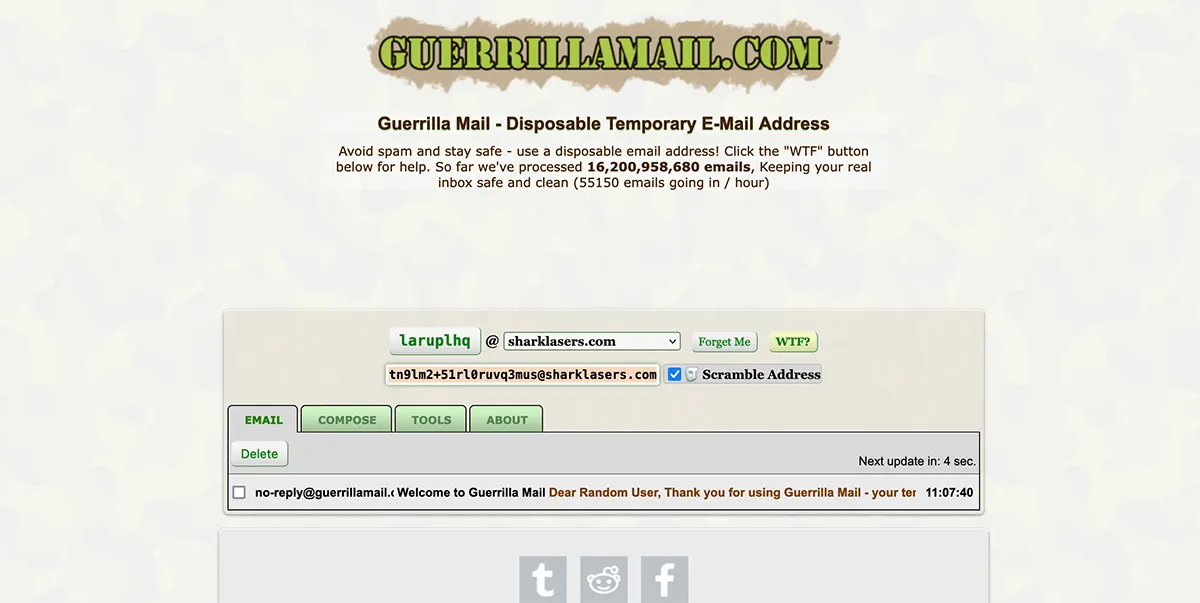 guerrilla mail homepage screenshot