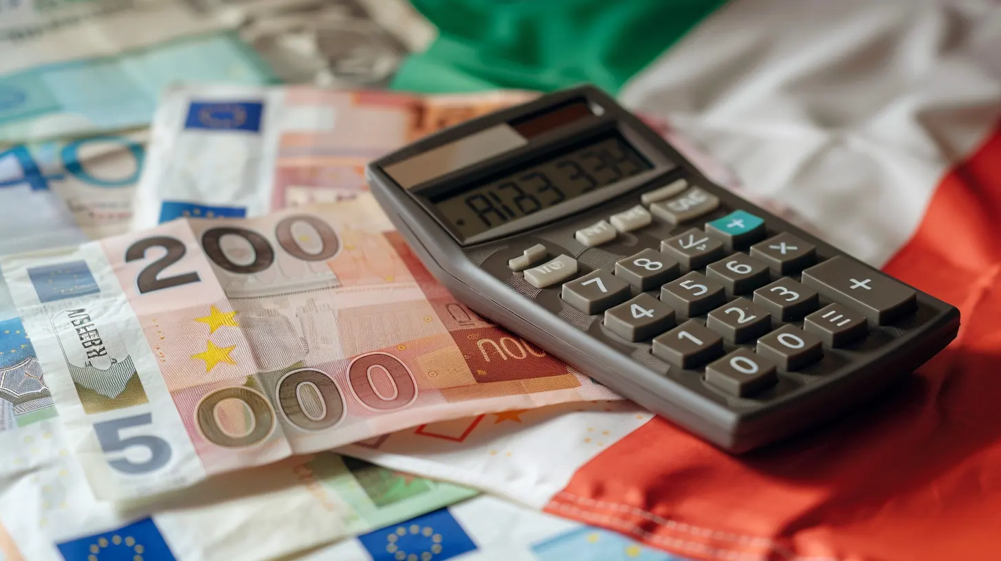 una calcolatrice delle banconote e la bandiera italiane a significare l'imposta di bollo dello stato italiano