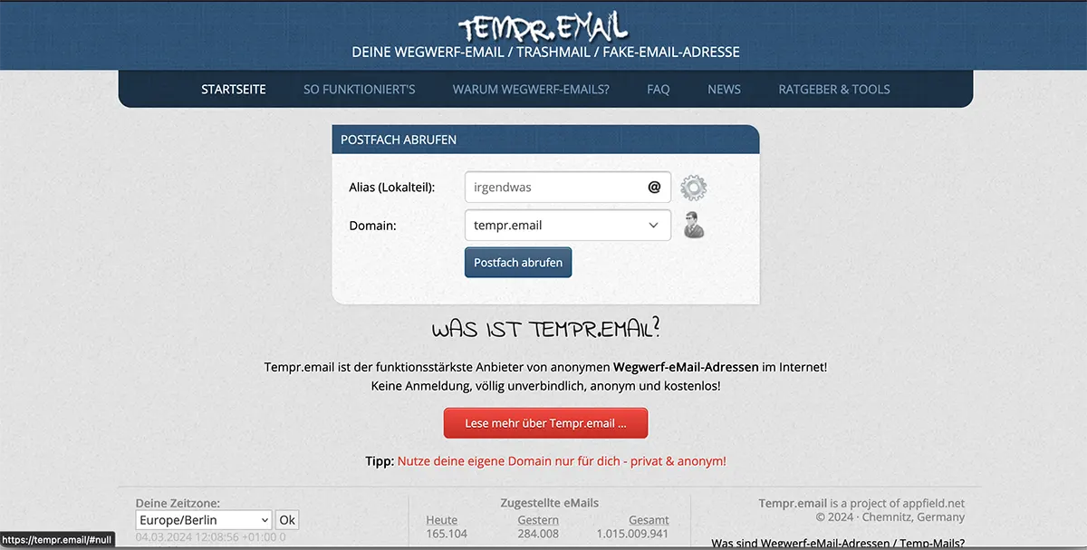 Tempr Email homepage screenshot