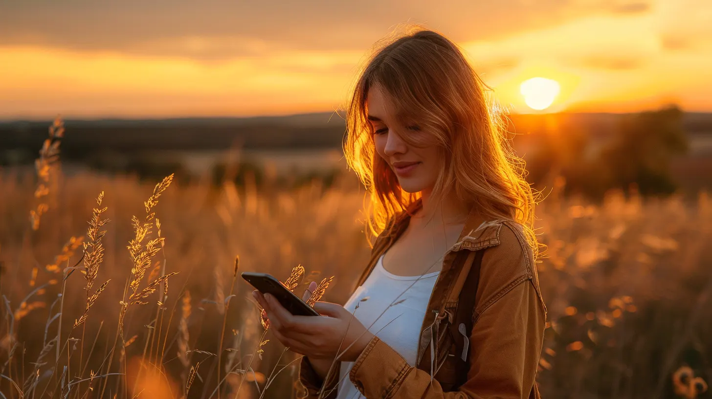 ragazza bionda che usa il suo smartphone al tramonto