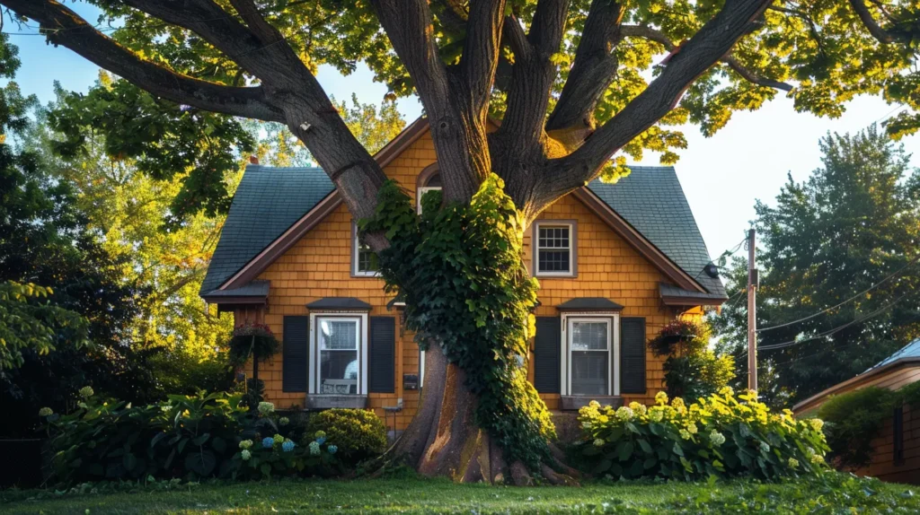 What Is Mortgage Interest? Growth of home equity through mortgage repayment and reduction of interest. Image of a house with a growing tree in front.
