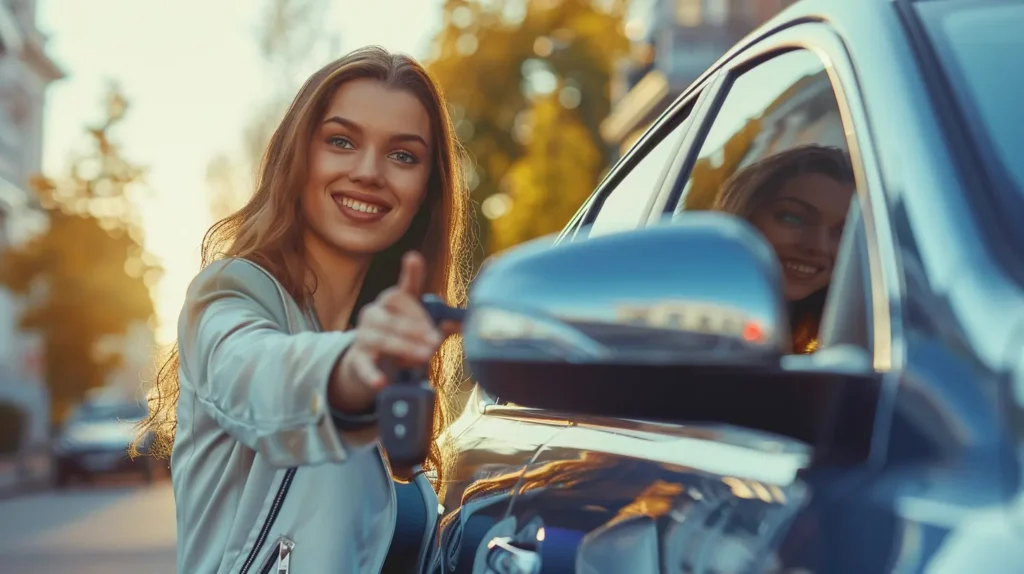 immagine di una ragazza che entra in auto soddisfatta della sua scelta di un'assicurazione temporanea 6 mesi