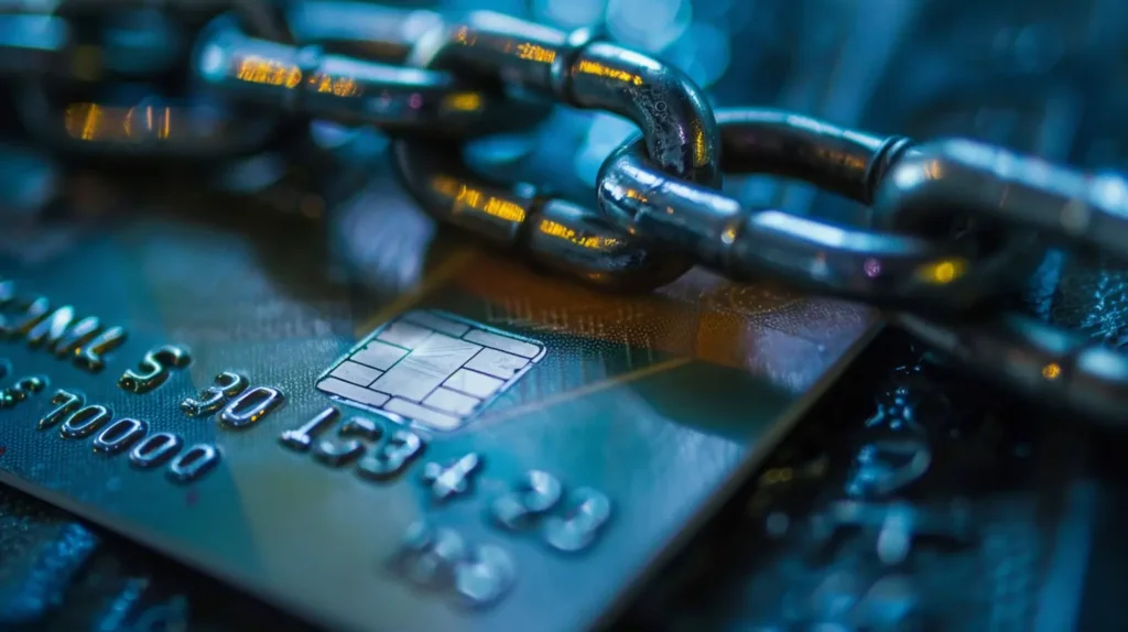 Lanț care &icirc;nchide un card de credit pentru a bloca furturile și fraudele.