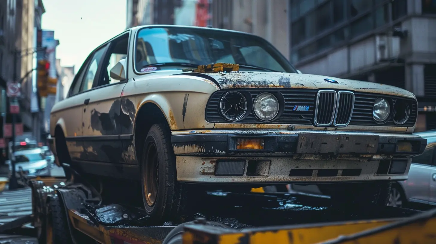 immagine di una vecchia BMW che viene rimossa da una strada cittadina con il carro attrezzi. La macchina è già sopra il carro attrezzi.