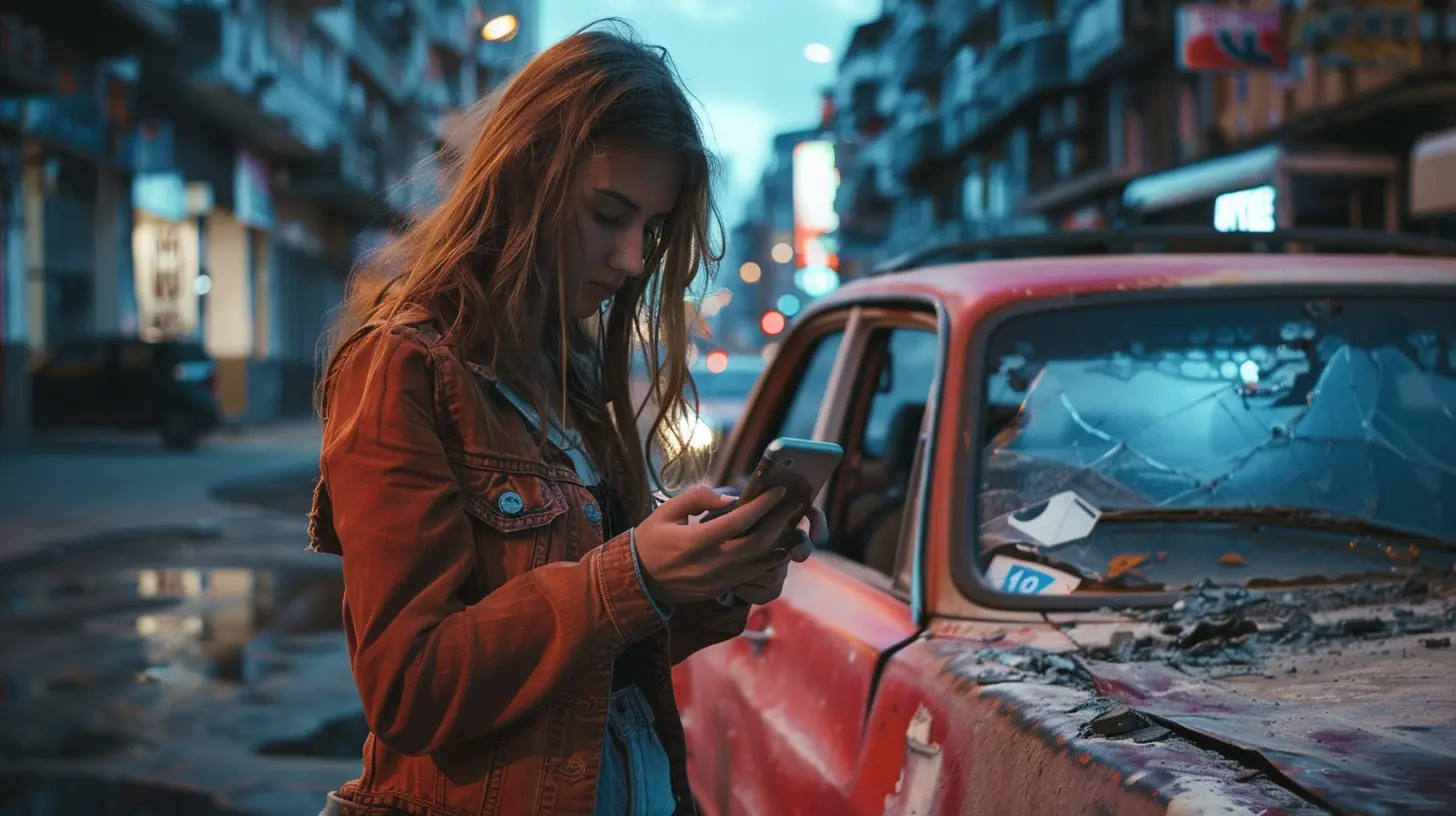 immagine di una donna che trova un'auto abbandonata in una strada cittadina ed usa il suo smartphone per telefonare alla polizia