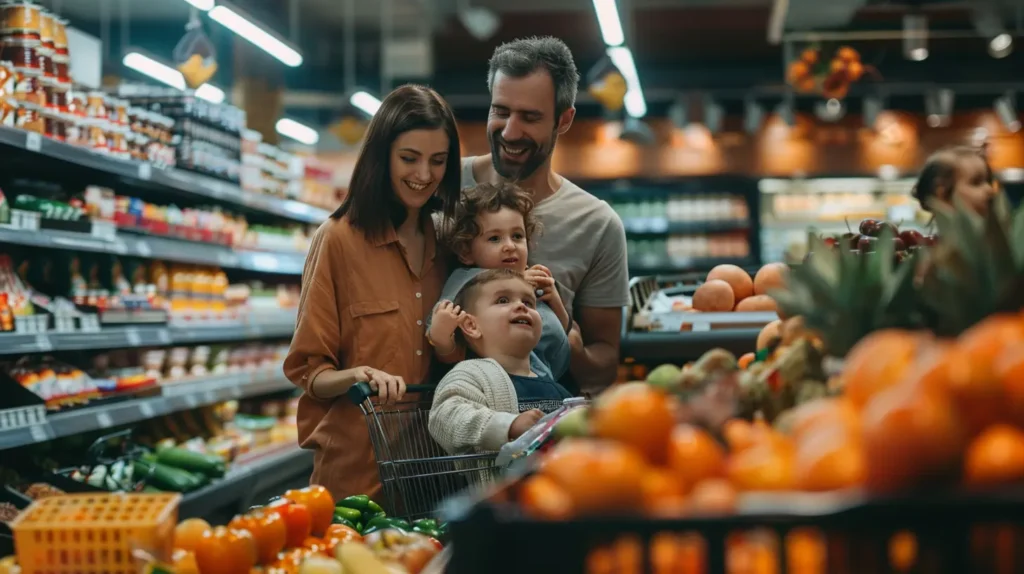 Come combattere l’inflazione: 5 trucchi per risparmiare! Famiglia che fa la spesa al supermercato con un budget limitato, evidenziando l'impatto dell'inflazione sul potere d'acquisto. Sapere come combattere l'inflazione è fondamentale.