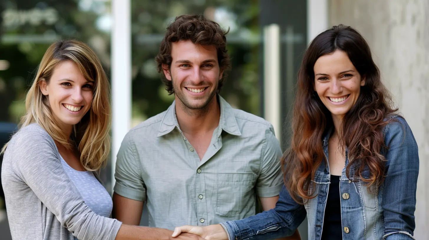 Tre persone sorridenti si stringono la mano, trasmettendo fiducia e collaborazione per un prestito.