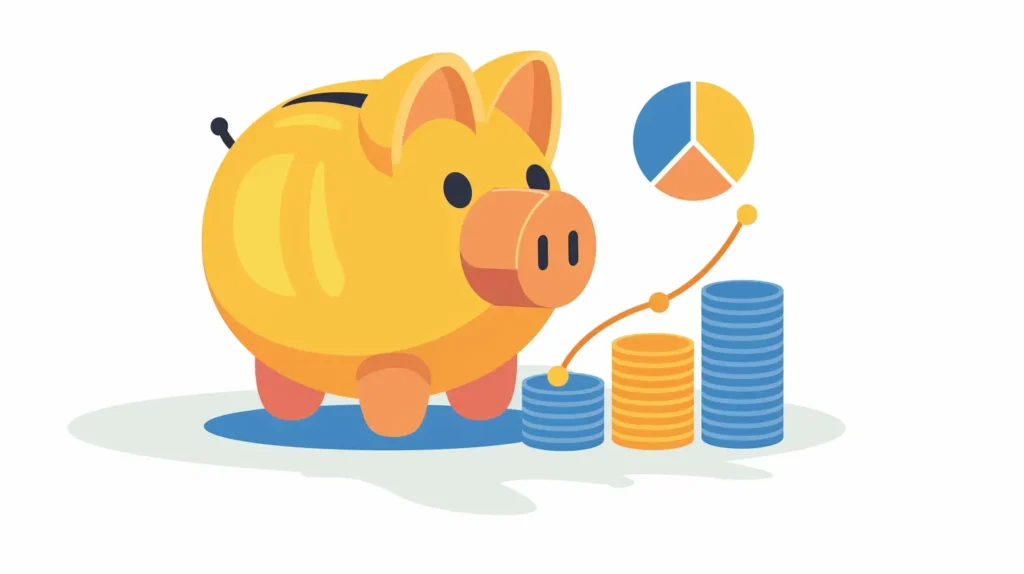 Regola 50/30/20: come gestire le finanze in modo efficace! Regola del 50/30/20: salvadanaio pieno di monete e grafico a torta per la gestione del denaro.