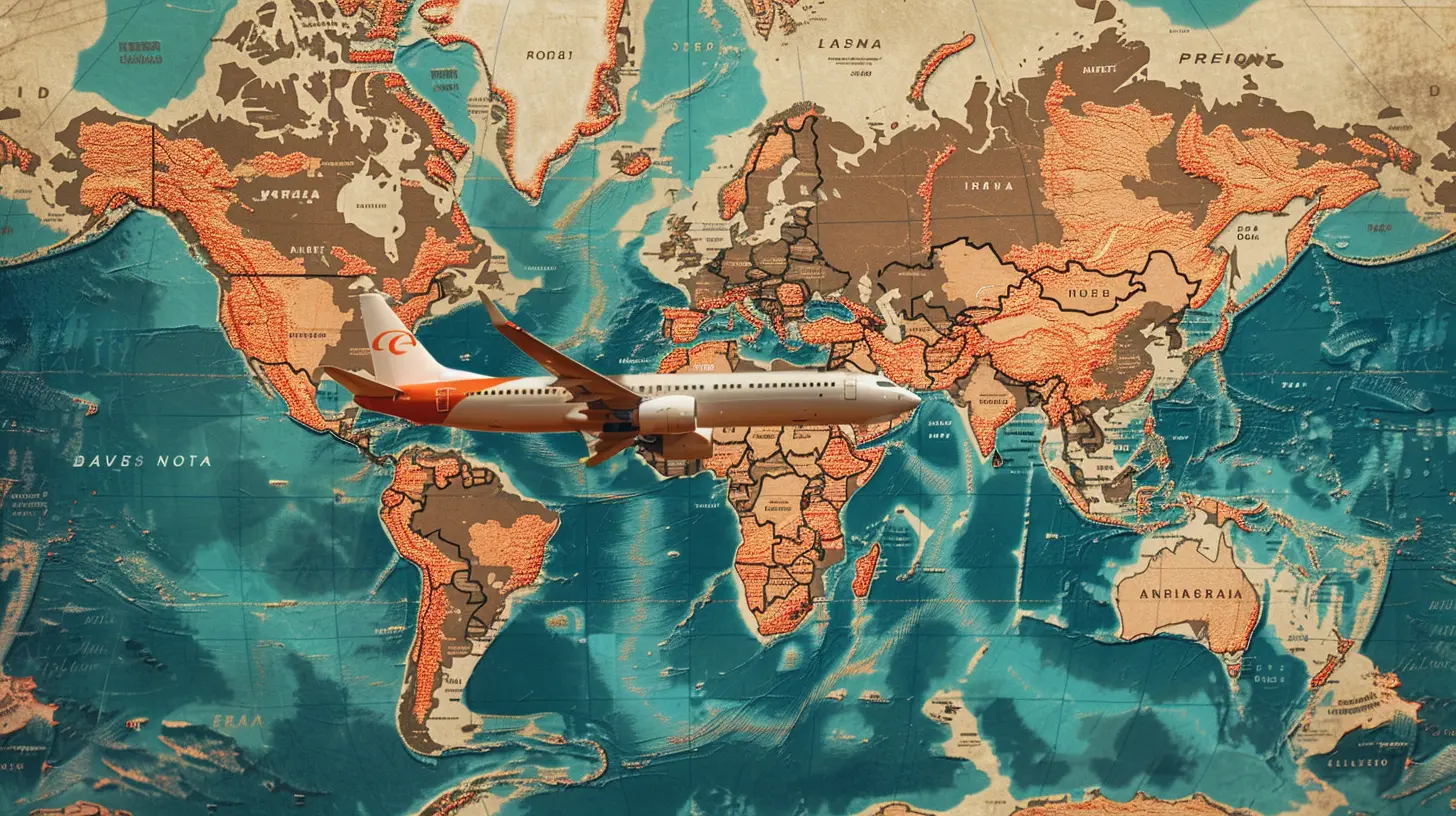 Un aereo vola sopra una mappa del mondo, suggerendo modi per risparmiare sui voli aerei.