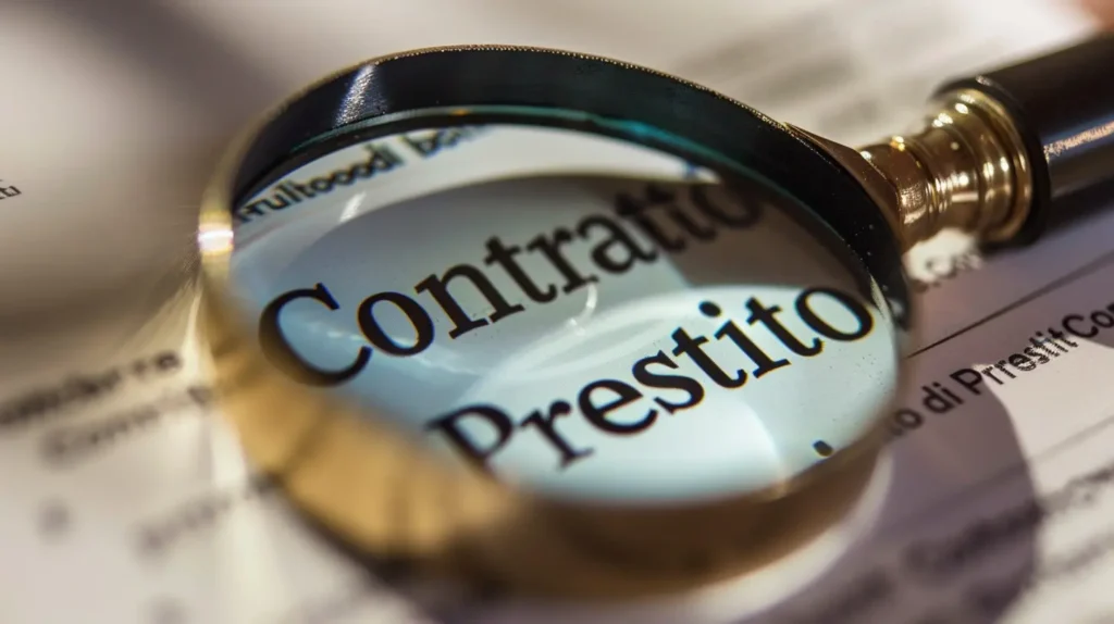 Contratto di prestito: cosa sapere PRIMA di firmare! Primo piano di un contratto di prestito con una lente d'ingrandimento che evidenzia alcune clausole importanti.