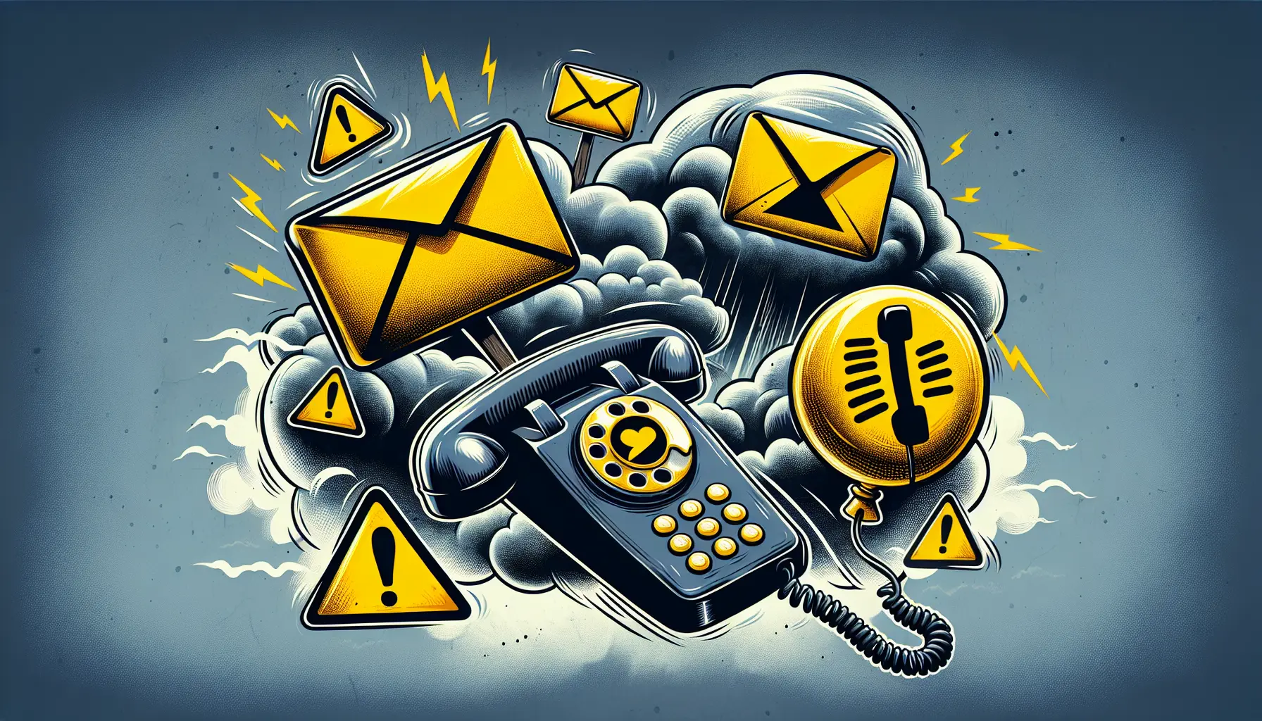 Illustrazione di un'email, un SMS e una chiamata telefonica con simboli di avvertimento