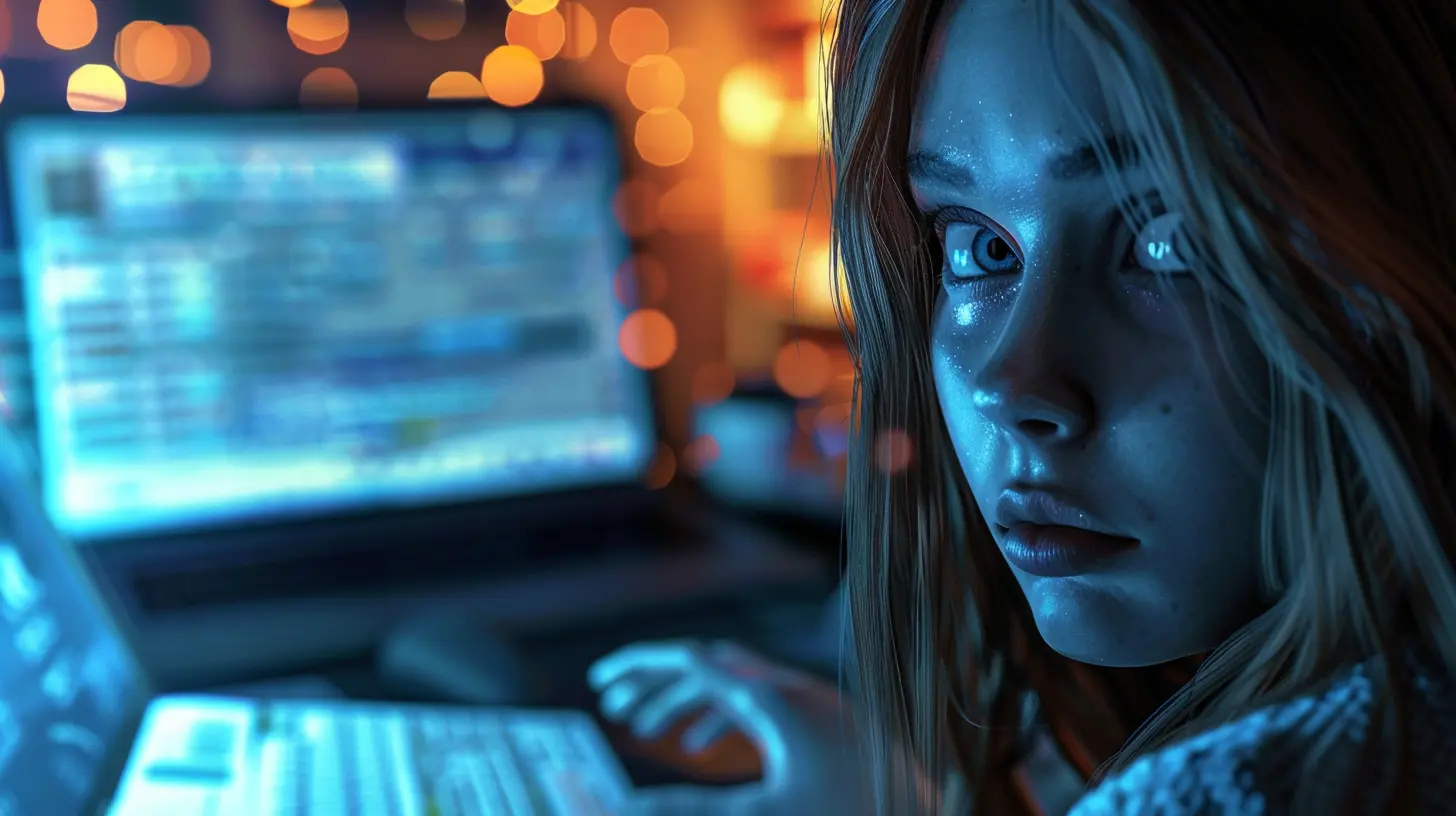 Donna spaventata davanti a un computer, vittima di una truffa sui prestiti cambializzati online.