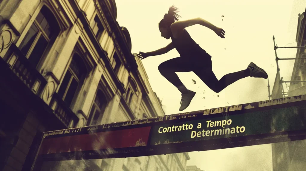 Persona che salta un ostacolo con la scritta "contratto a tempo determinato", simbolo del superamento delle difficoltà nell'ottenere un prestito.