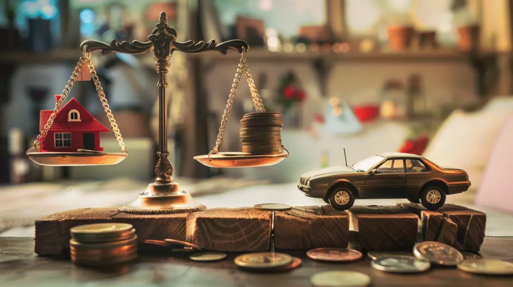 Bilancia con monete e oggetti che rappresentano il redditometro, lo strumento del Fisco per verificare la coerenza tra reddito e spese.