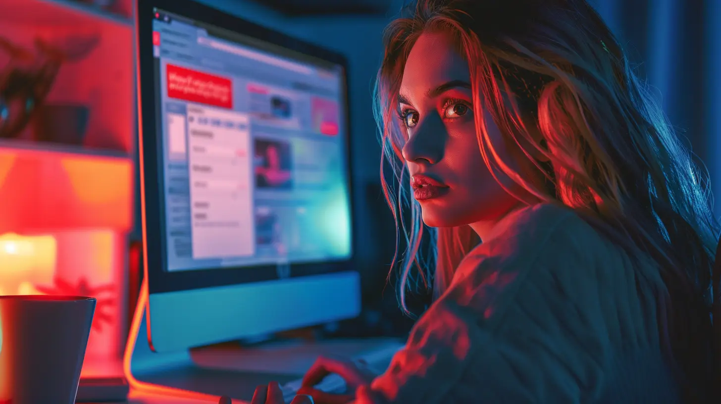 Donna preoccupata davanti a un computer con banner di avviso rosso su un sito di prestiti online sospetto.