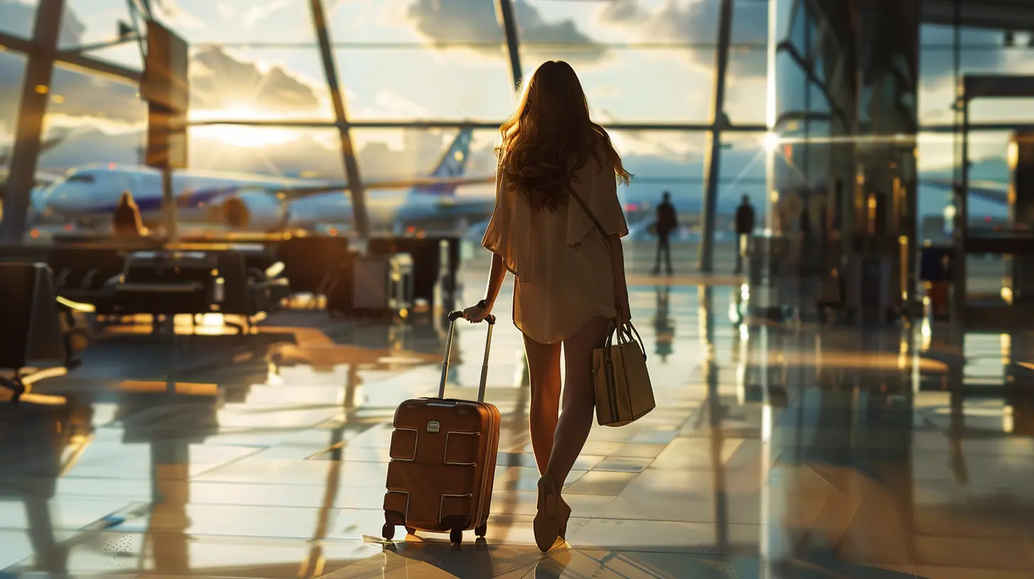 donna in aeroporto con un piccolo trolley e la borsa