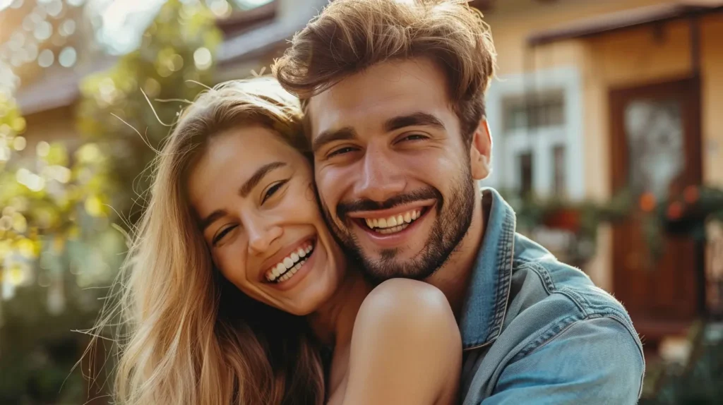 Casal feliz em frente à nova casa comprada com um crédito habitação conveniente em junho de 2024