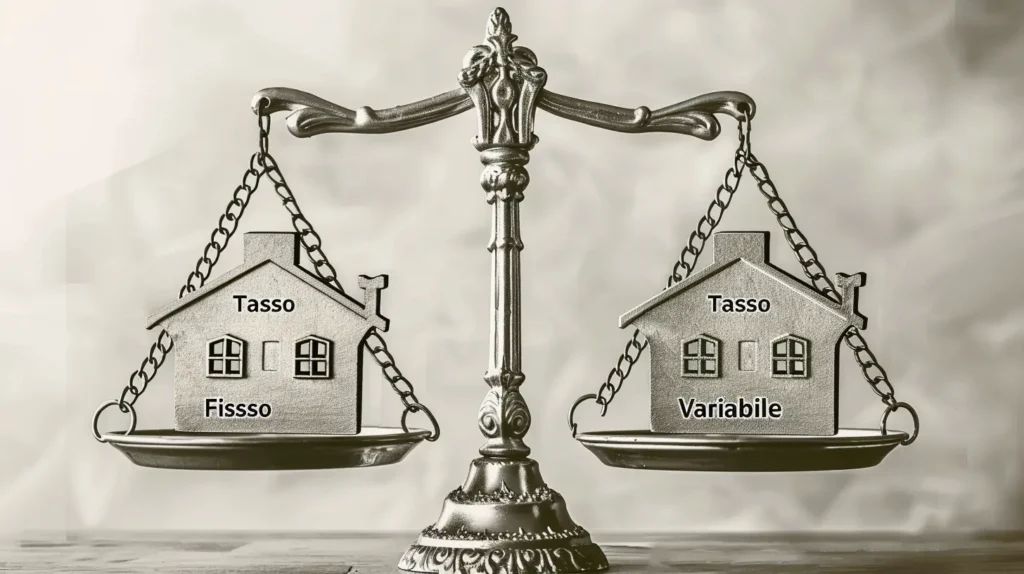 Balança com duas casas que representam um crédito habitação de taxa fixa e um crédito habitação de taxa variável