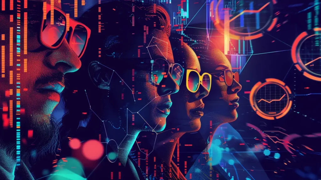 Simboli finanziari (monete, grafici) e tecnologici (computer, smartphone, blockchain) che rappresentano l'innovazione dei prestiti tra privati.