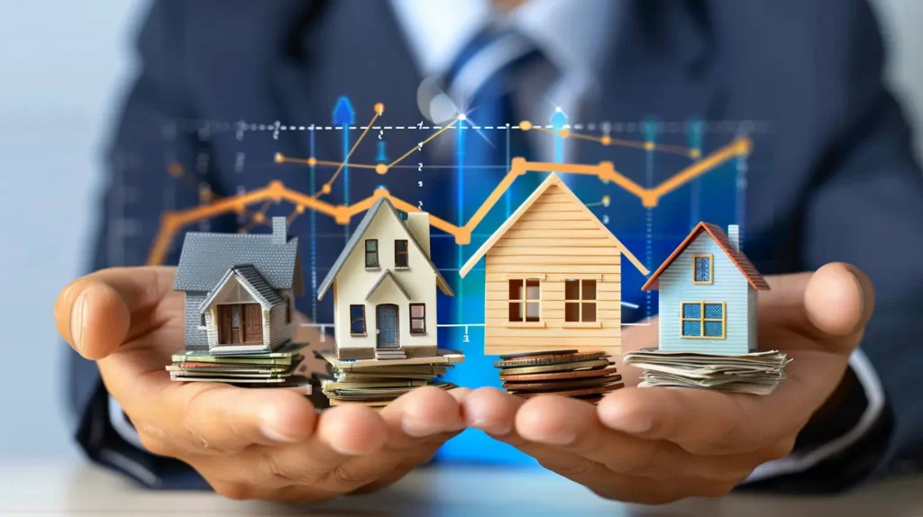 Mani che tengono simboli di prestito (banconote), mutuo (casa) e cessione del quinto (orologio) con grafico dei tassi di interesse sullo sfondo.