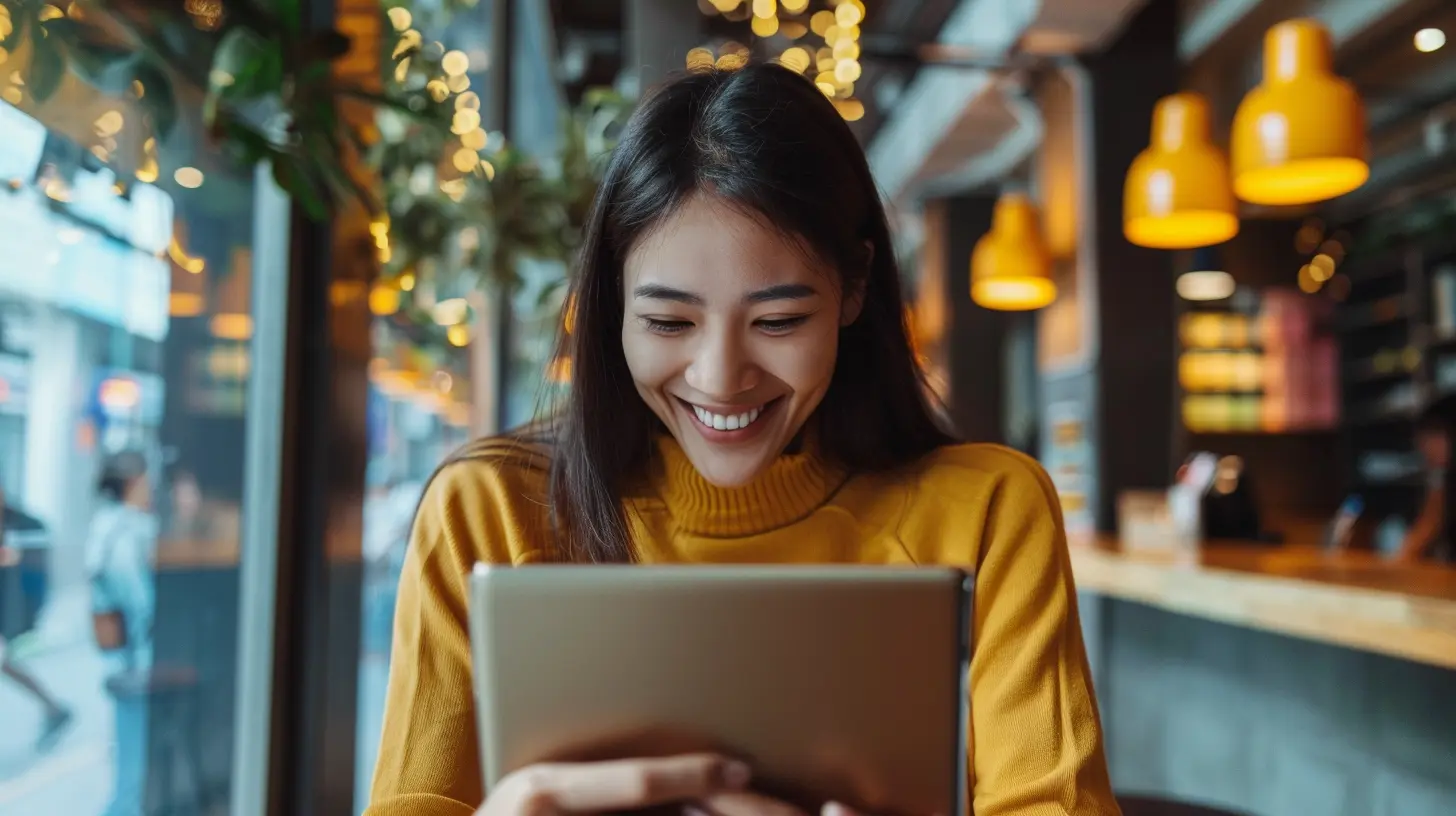 Persona sorridente che richiede un prestito online comodamente dal proprio laptop.