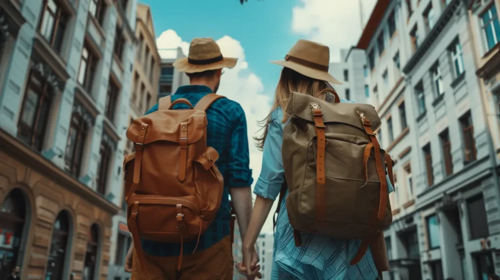 Esplorazione urbana a piedi: coppia di viaggiatori con zaino in spalla scoprono la citt&agrave; in modo economico e avventuroso.