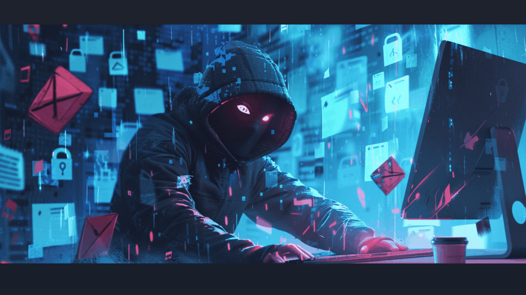 Ladro mascherato che ruba dati personali da un computer, metafora di un truffatore online INPS.