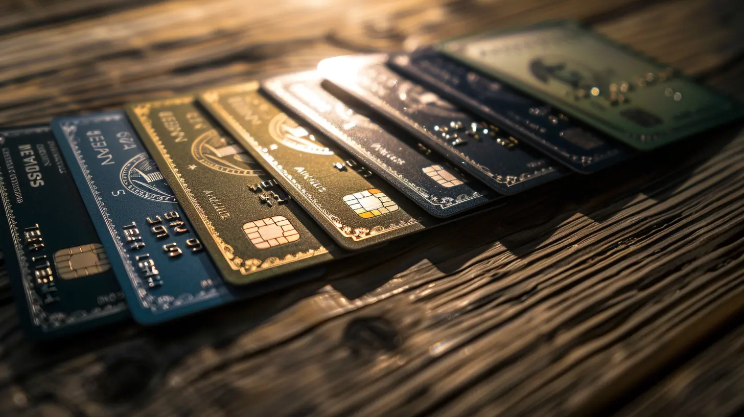 Un ventaglio di carte di credito American Express (Blu, Essential, Gold, Platinum e Business) disposte su un tavolo in legno scuro, con la carta Platinum in primo piano.