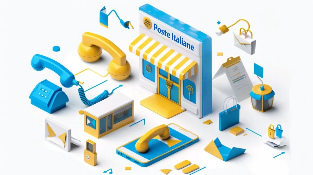 Contattare Poste Italiane: Guida Completa all’Assistenza Collage di icone che rappresentano i diversi canali di assistenza clienti di Poste Italiane: telefono, email, app e sportello.