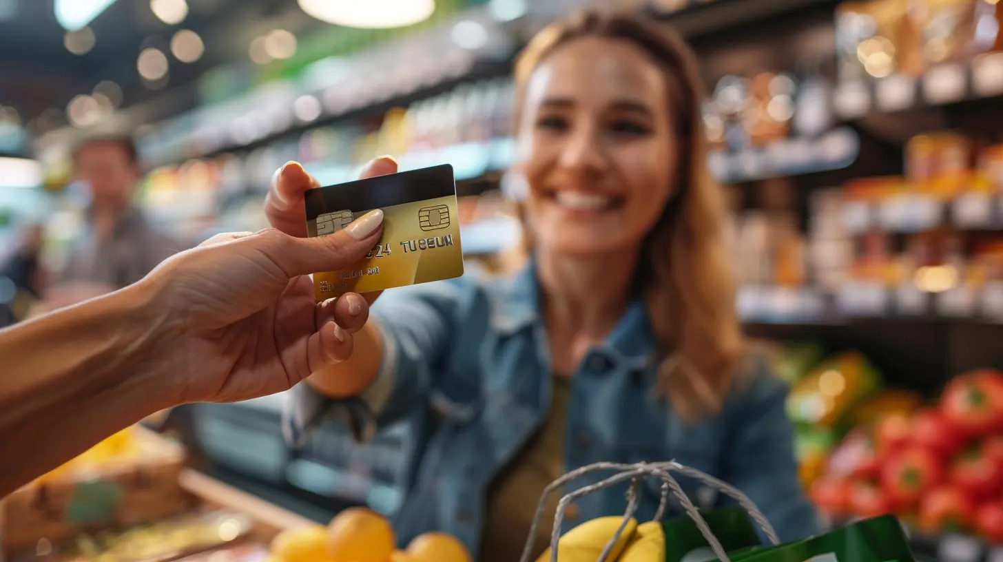 Persona sorridente che paga con carta di credito a saldo in un negozio.