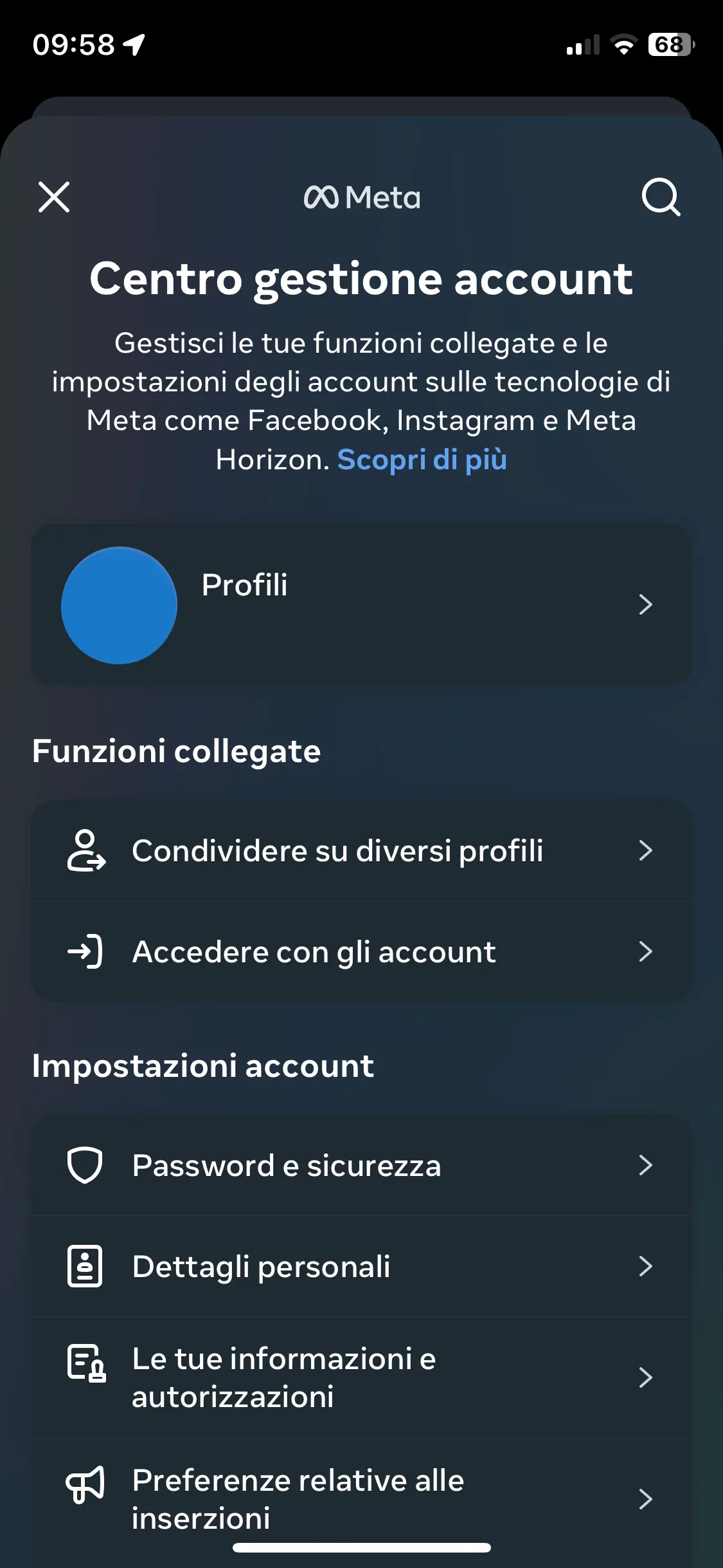 schermata del Centro gestione Account di Meta