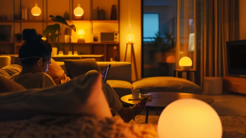 Illuminazione Smart: Risparmio Energetico in Casa Persona che controlla l'illuminazione smart in un soggiorno moderno per risparmiare energia.