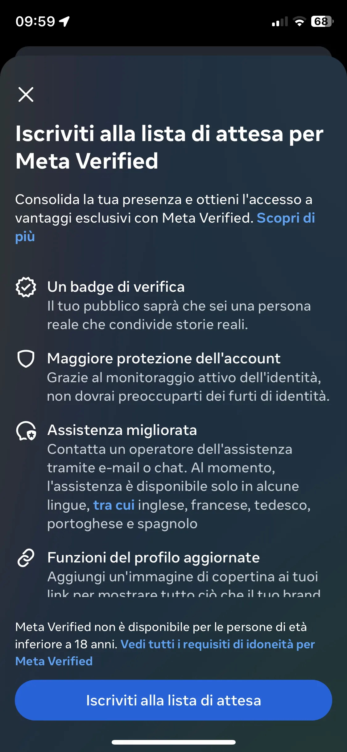 schermata di iscrizione alla lista di attesa per Meta Verified