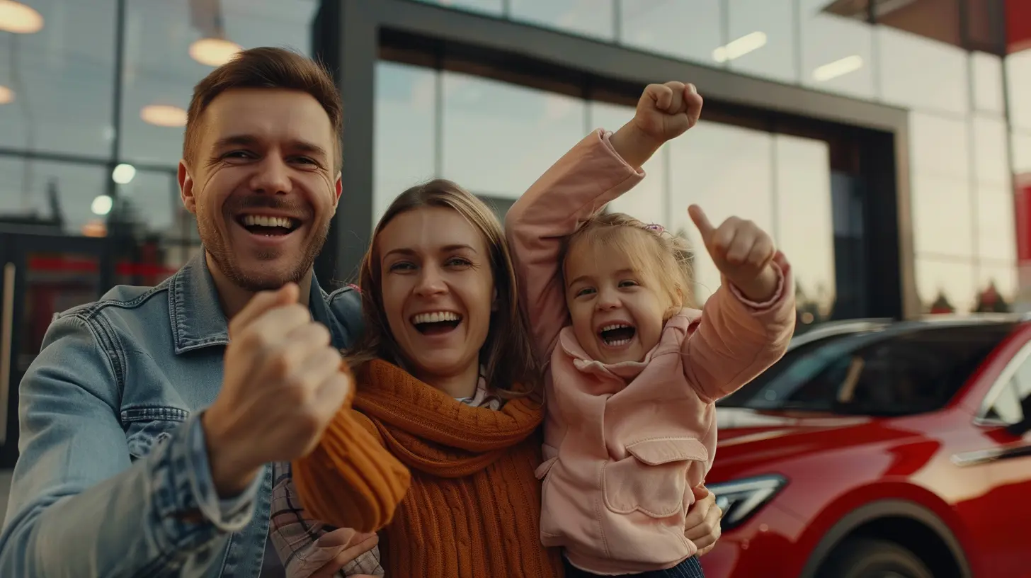 Famiglia felice celebra l'acquisto di un'auto nuova grazie al miglior prestito.