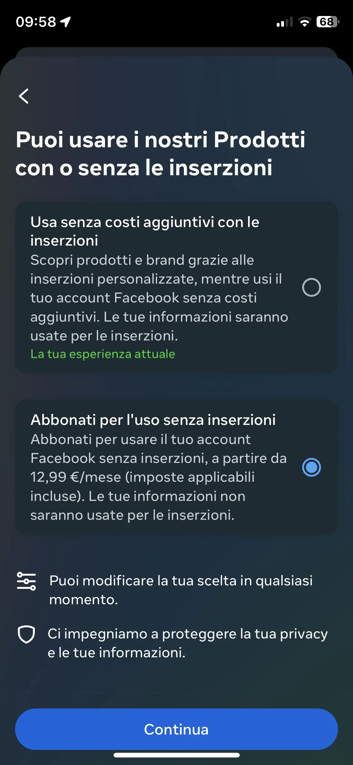 schermata di scelta abbonamento ai prodotti Meta per rimuovere la pubblicità