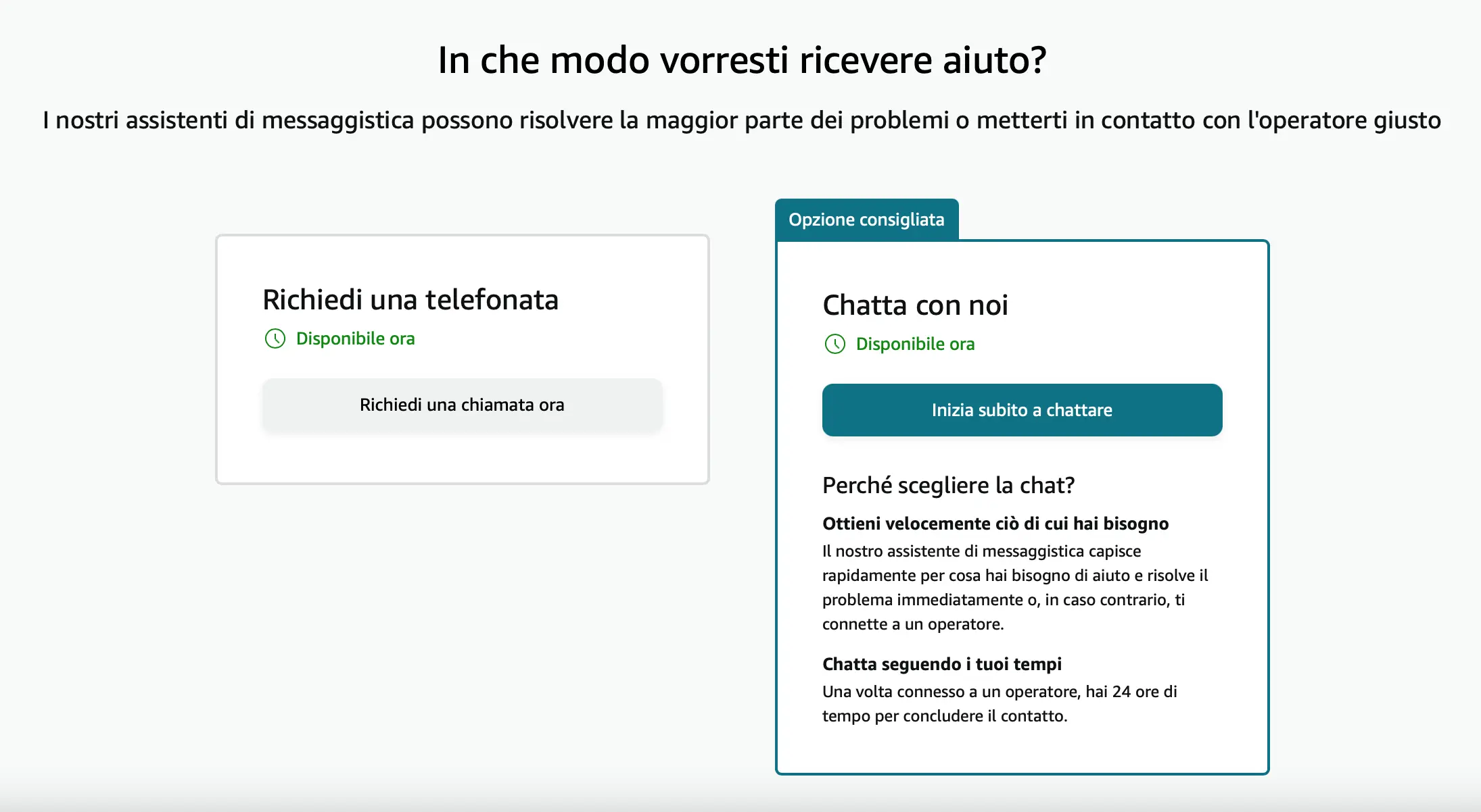 pagina con le opzioni di contatto Amazon