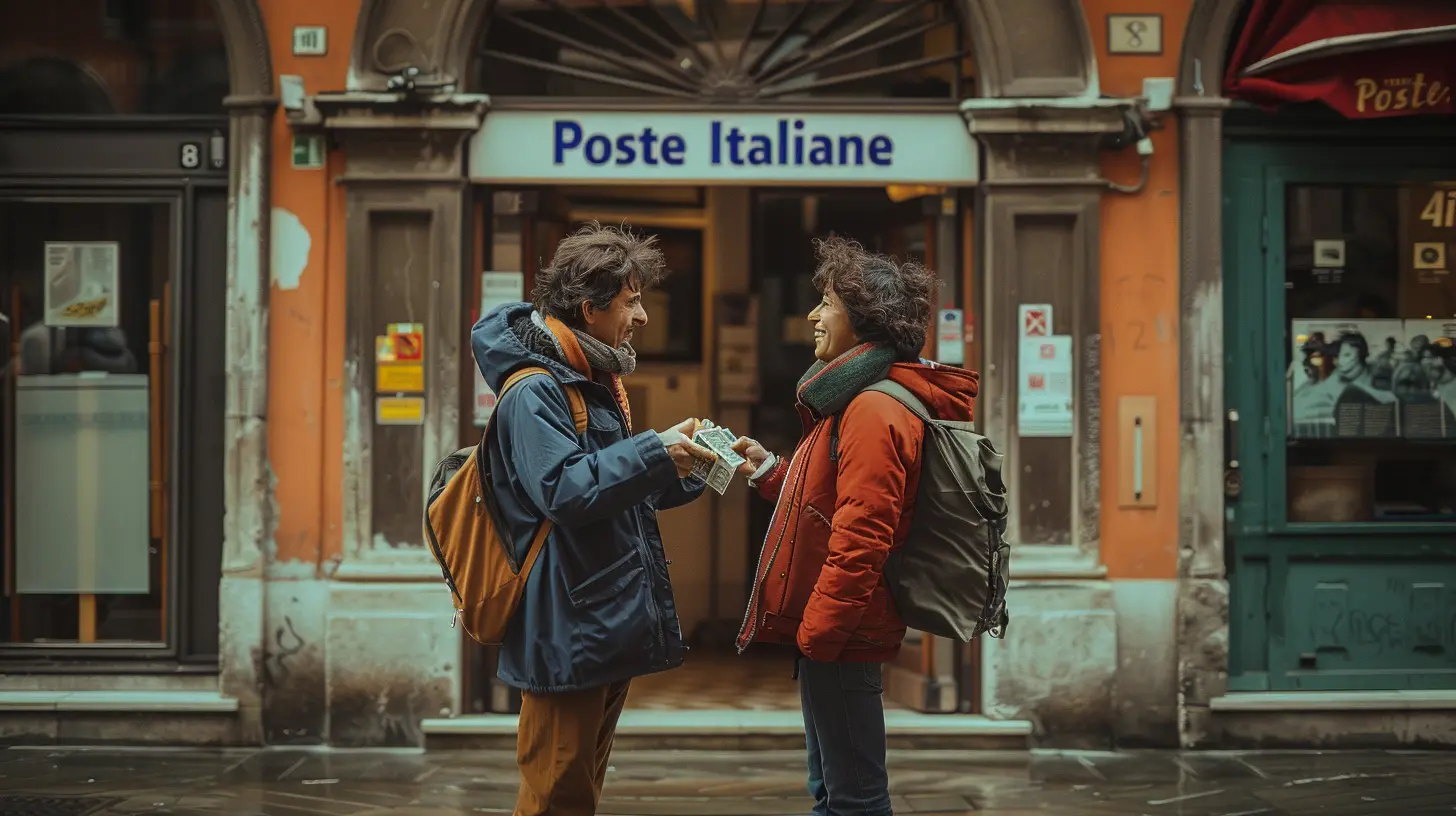 Due persone sorridenti si scambiano denaro davanti a un ufficio postale italiano, simboleggiando il processo di postagiro.