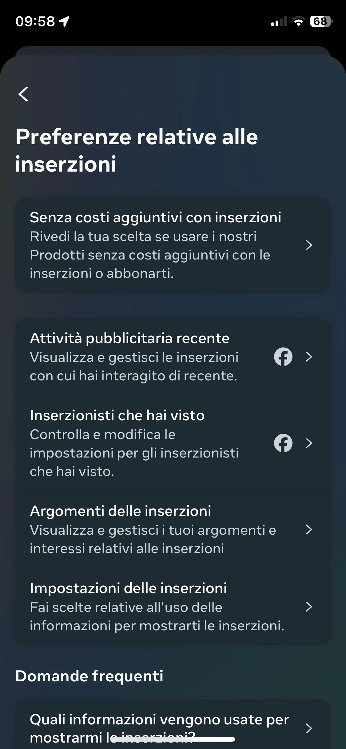 schermata delle preferenze relative alle inserzioni di Meta