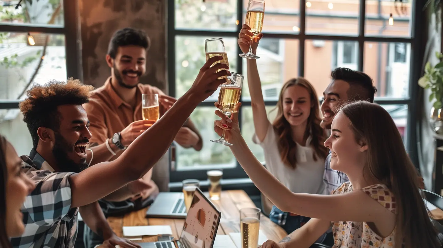 Un gruppo di giovani amici festeggia l'approvazione di un prestito per realizzare i loro progetti.