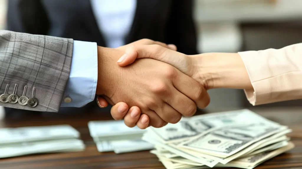 Stretta di mano tra un uomo e una donna che simboleggia un accordo di prestito tra privati.