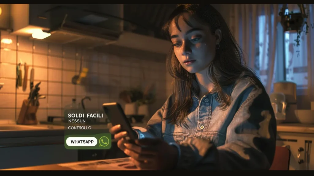 Donna preoccupata legge messaggio truffa prestito su WhatsApp