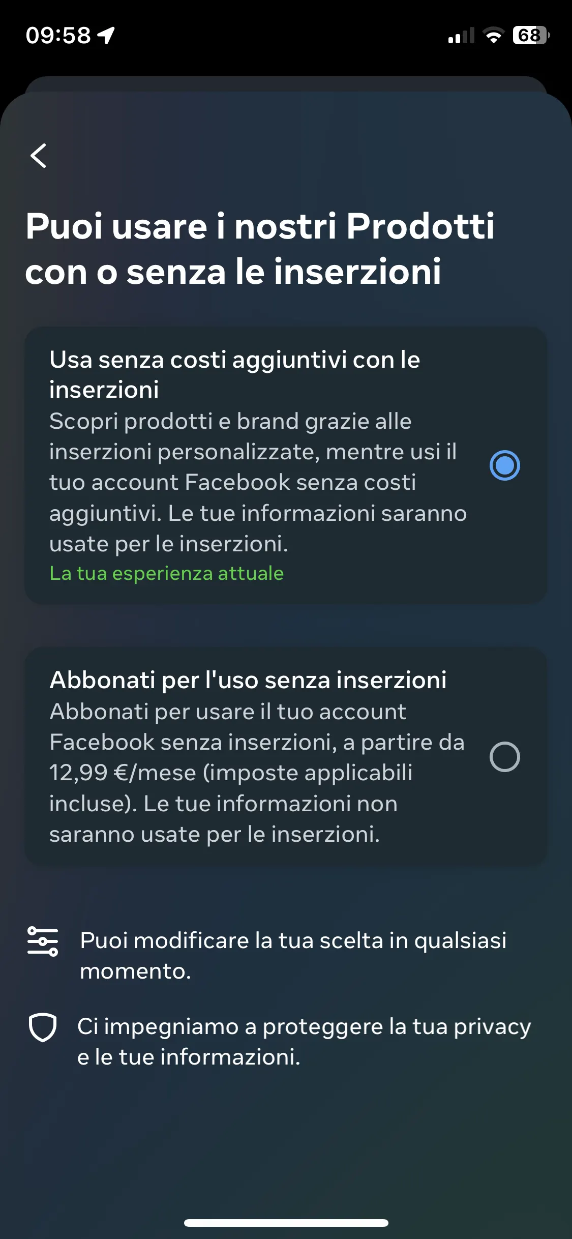 Schermata di scelta se usare i prodotti Meta con le inserzioni e senza costi aggiunti o abbonarsi e rimuovere la pubblicità